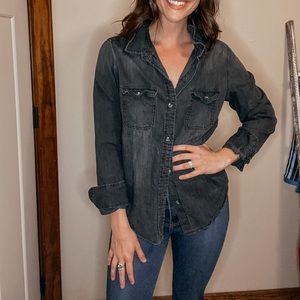 black denim distressed button down